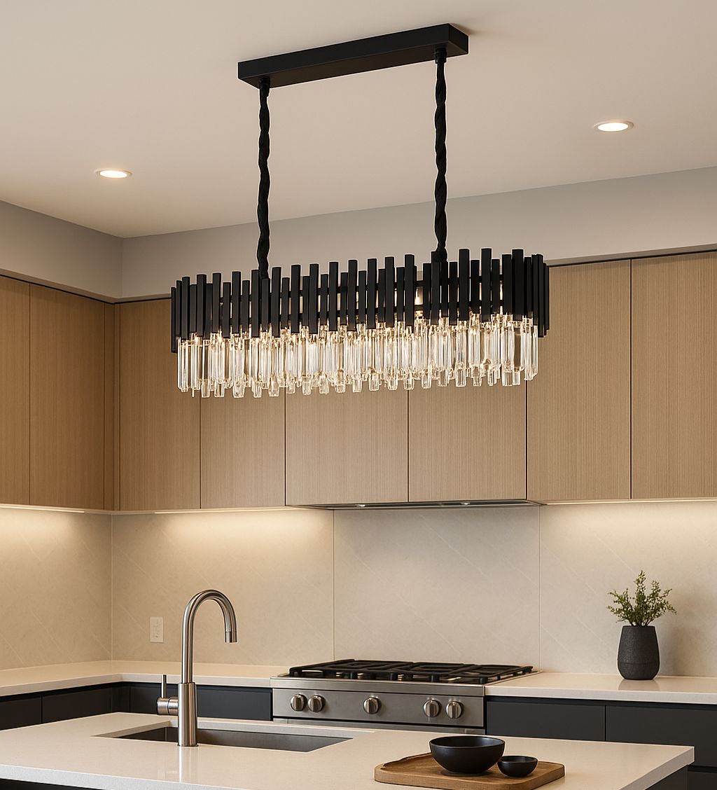 CANDELABRU NEGRU CU CRISTALE, 8×E27, Ø800+300 CM, DESIGN ELEGANT