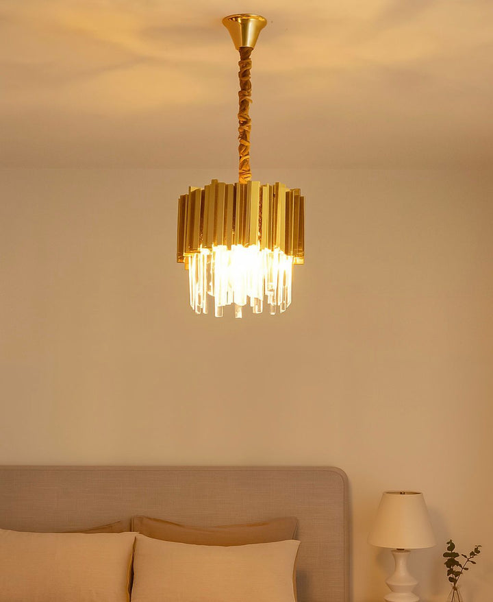 CANDELABRU AURIU CU CRISTALE, 3×E27, Ø30 CM, DESIGN ELEGANT ȘI MODERN