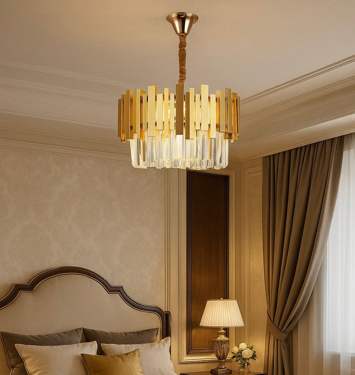 CANDELABRU AURIU CU CRISTALE, 5×E27, Ø40 CM, DESIGN ELEGANT ȘI MODERN