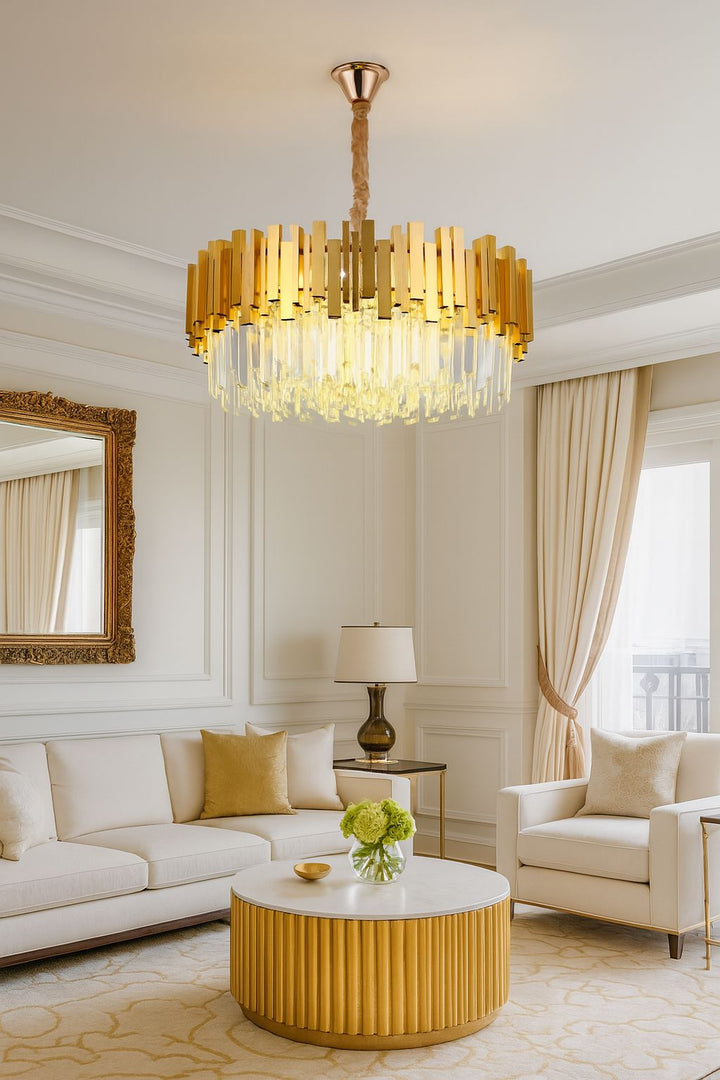 CANDELABRU AURIU CU CRISTALE, 10×E27, Ø60 CM, ELEGANTA PENTRU SPATII GENEROASE