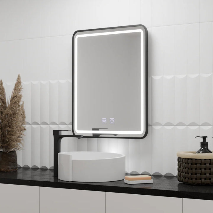 Oglinda LED Rectangulară 60x90 cm – Iluminare Laterală, Touch, Dezaburire, Ramă Neagră