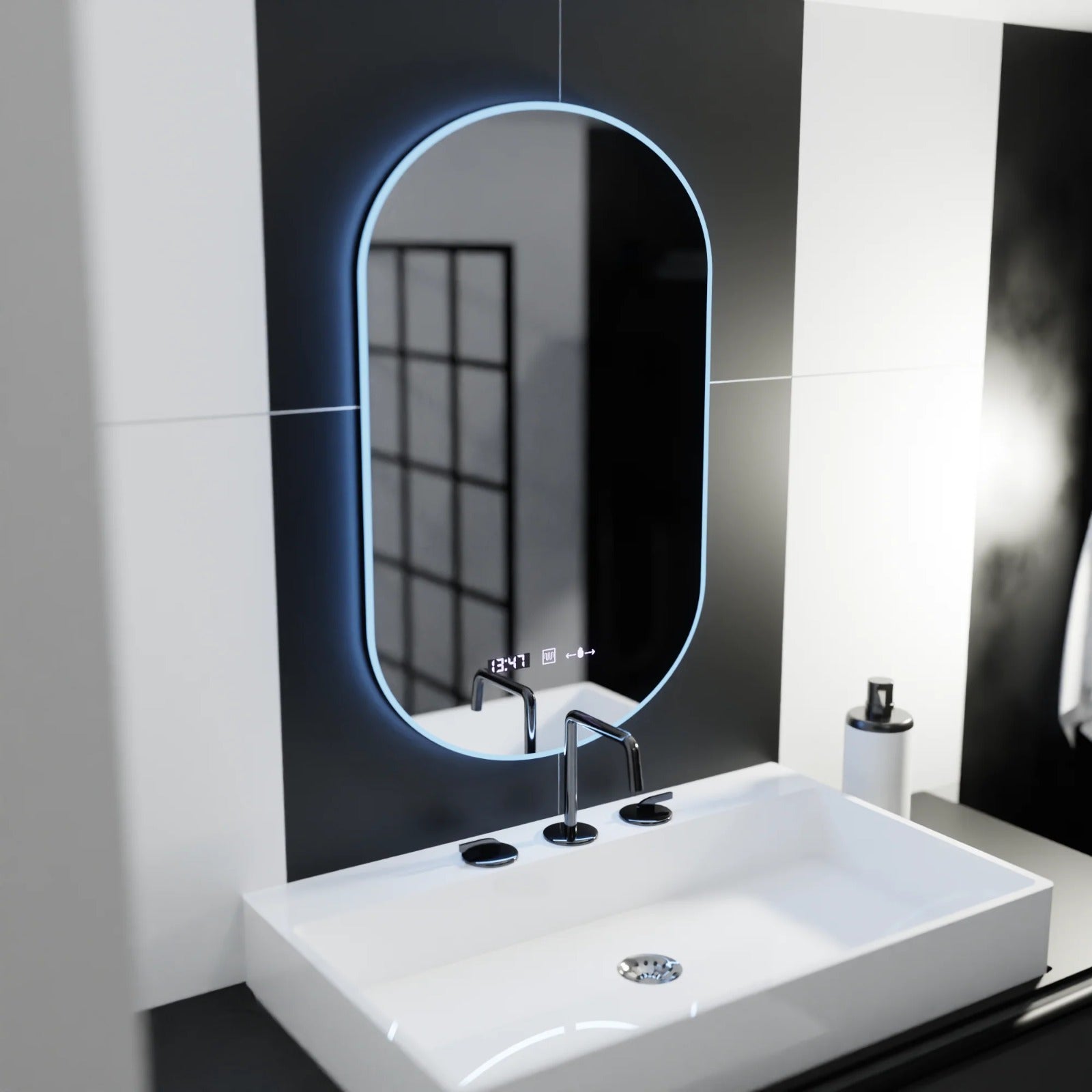 Oglinda LED 50×80 cm cu senzor, dezaburire, ceas și termometru