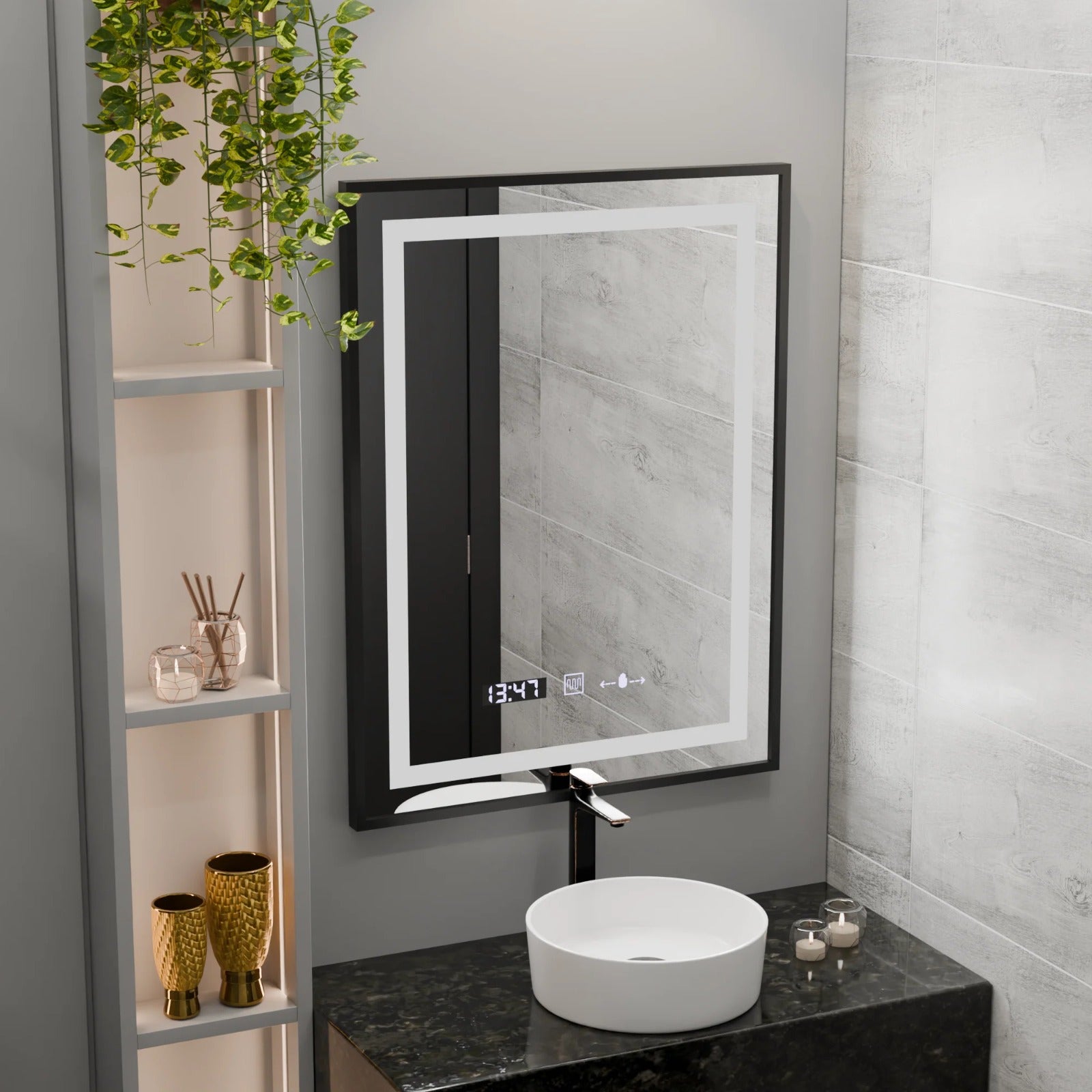 Oglindă LED Touch Incantodoro 60x80 cm cu Sistem Dezaburire – Ramă Neagră | Colecția Marcello Funghi