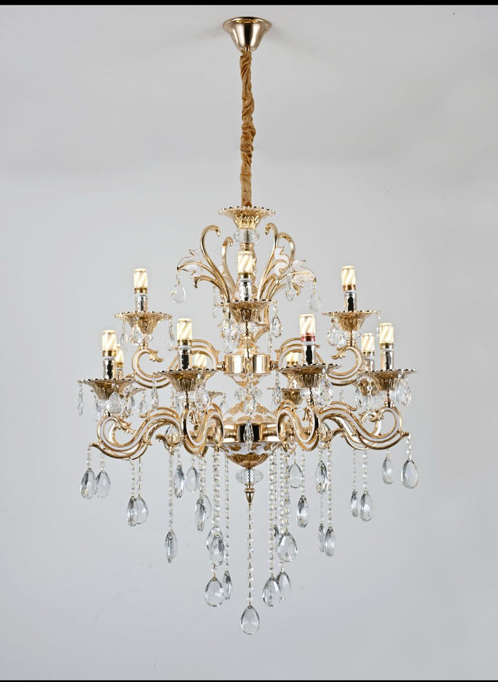 Candelabru clasic grandios cu 12 brațe, Ø750×H1000 mm, soclu E14, decor cu cristale, finisaj auriu lucios