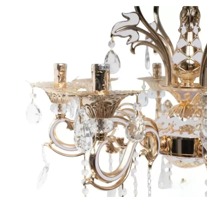 Candelabru clasic grandios cu 12 brațe, Ø750×H1000 mm, soclu E14, decor cu cristale, finisaj auriu lucios