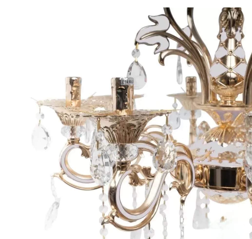 Candelabru clasic cu cristale, 6 brațe, Ø680×H940 mm, soclu E14, finisaj auriu lucios
