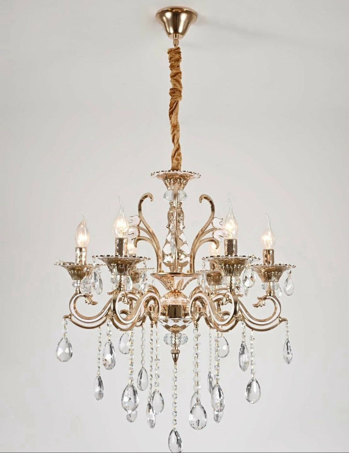 Candelabru clasic cu cristale, 6 brațe, Ø680×H940 mm, soclu E14, finisaj auriu lucios