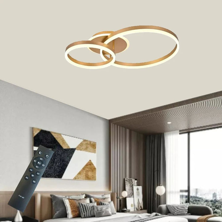 Lustră LED modernă cu inele aurii, 2x61W, 715×500×105 mm, lumină reglabilă 3000K–6500K, telecomandă inclusă