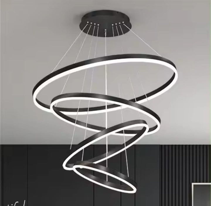 Pendul LED cu telecomandă, 220W, lumină reglabilă 2800K–6500K, Ø800×H1200 mm, design pe mai multe nivele, finisaj negru