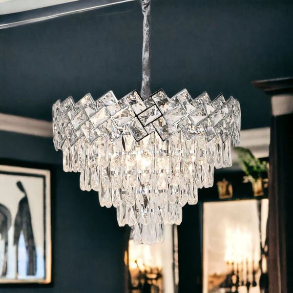CANDELABRU ARGINTIU CU CRISTALE – SX8650/500 | Ø50 CM, 7X E27, ELEGANȚĂ ȘI RAFINAMENT