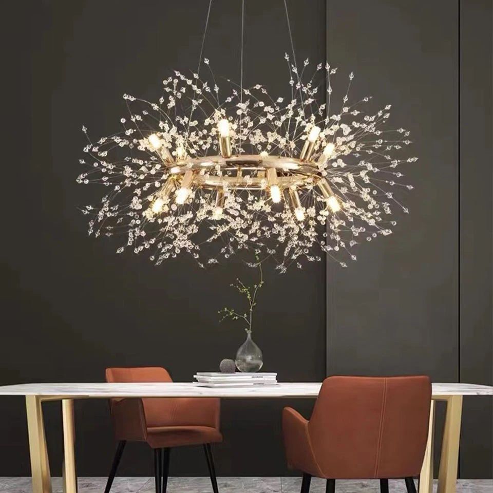Candelabru modern LED tip ramură, 9x13W, Ø600 mm, design floral cu cristale, montaj suspendat