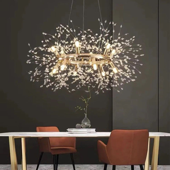 Candelabru modern LED tip ramură, 9x13W, Ø600 mm, design floral cu cristale, montaj suspendat