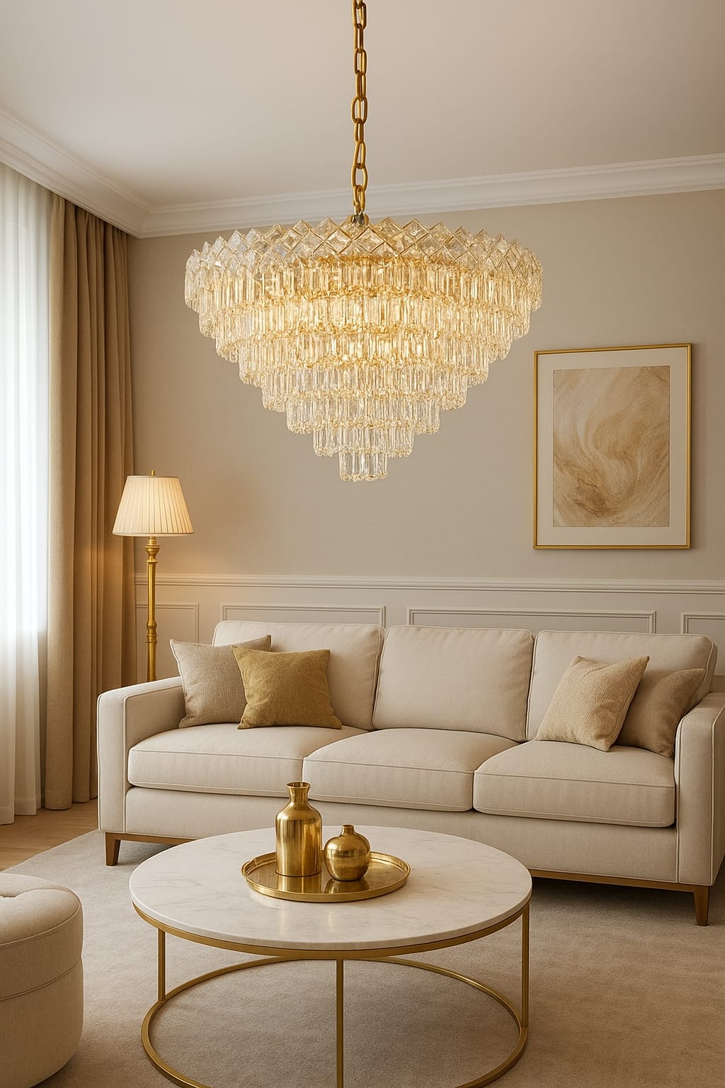 CANDELABRU AURIU CU CRISTALE – SX8650/500 | Ø50 CM, 7X E27, ELEGANȚĂ ȘI RAFINAMENT