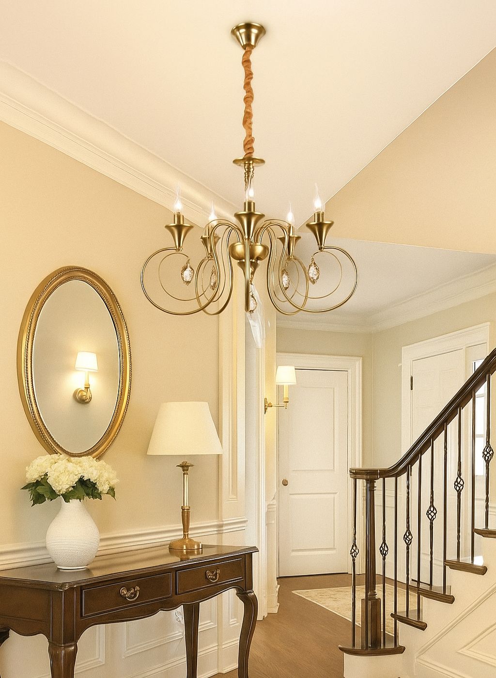 Candelabru cu 5 brațe E14, cupru antic, Ø450×H430 mm, design clasic cu cristale decorative