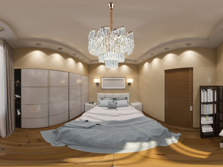 Candelabru cu cristale fațetate, 6 becuri E27, Ø400×H380 mm, finisaj auriu, design în cascadă