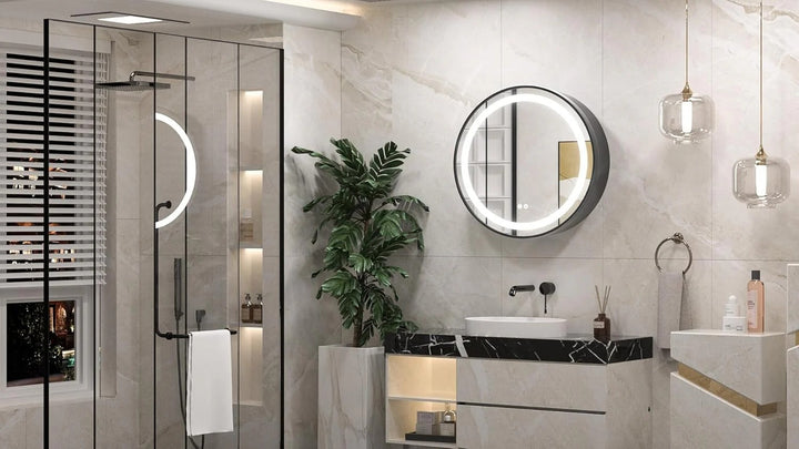 DULAP BAIE CU OGLINDA LED OVALA 50X50CM 3 LUMINI SI DEZABURIRE