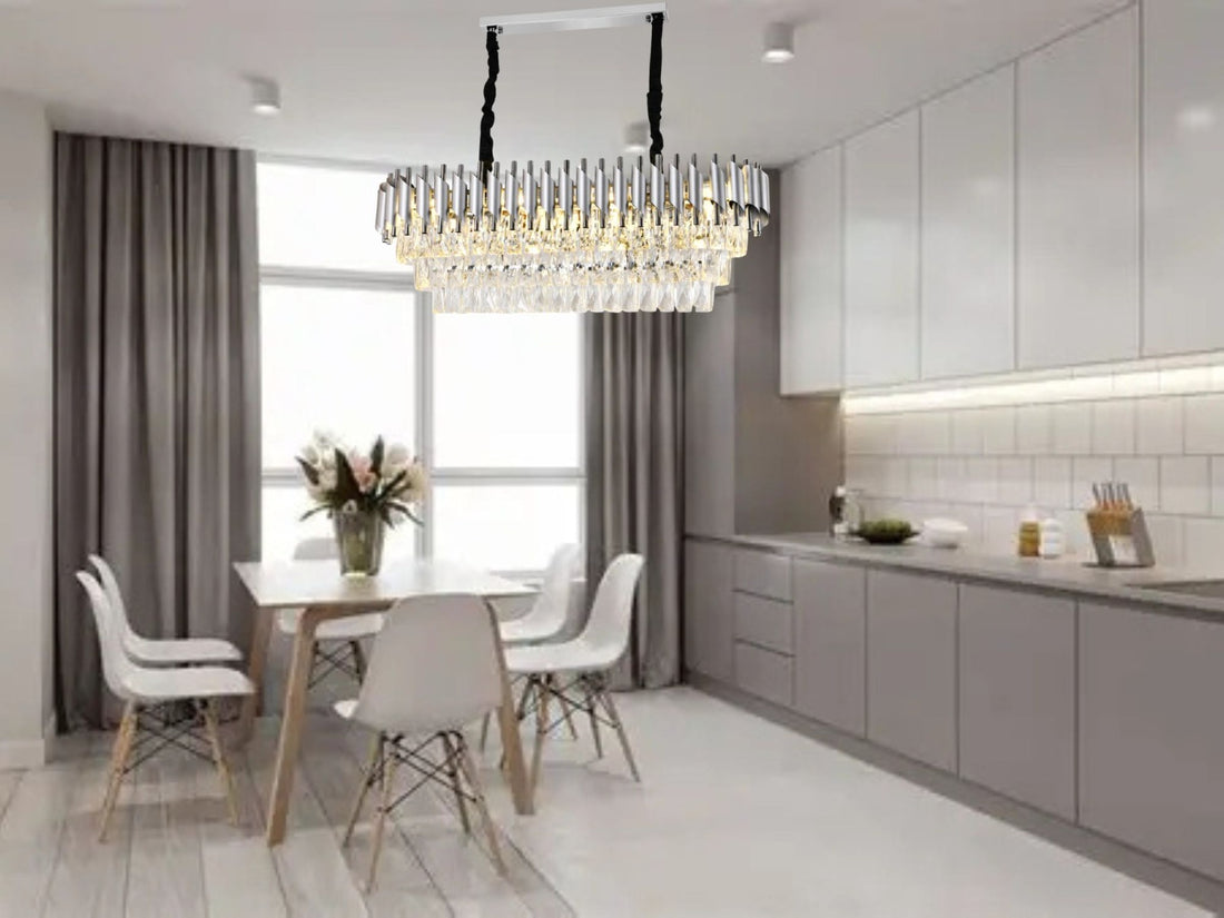 Candelabru rectangular N9001-800×300 SY, 8 x E27, dimensiuni 80×30 cm, finisaj argintiu și cristale