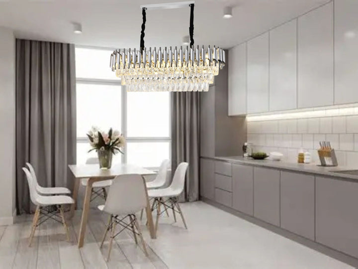 Candelabru rectangular N9001-800×300 SY, 8 x E27, dimensiuni 80×30 cm, finisaj argintiu și cristale
