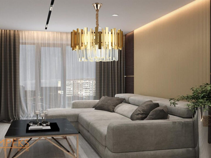 CANDELABRU AURIU CU CRISTALE, 8×E27, Ø50 CM, DESIGN ELEGANT