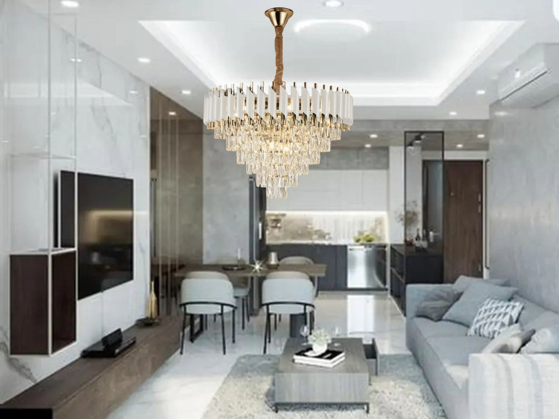 Candelabru Elegant cu Cristale si Detalii Aurii – Model N9001-600 WH+FGD, Ø60 cm