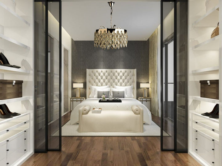 Candelabru elegant cu cristale decorative, structură cromată, montaj suspendat, 8 surse E27,400cm