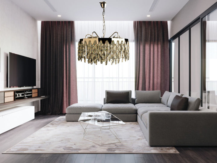 Candelabru cu cristale, 10 becuri E27, Ø500×H640 mm, montaj suspendat, finisaj cromat elegant
