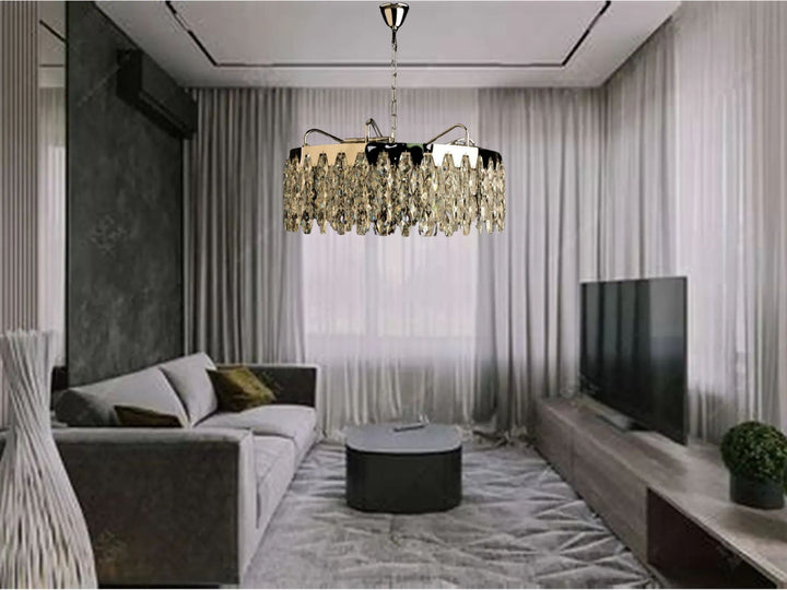 Candelabru cu cristale, 12 becuri E27, Ø600×H640 mm, montaj suspendat, design luxos cromat