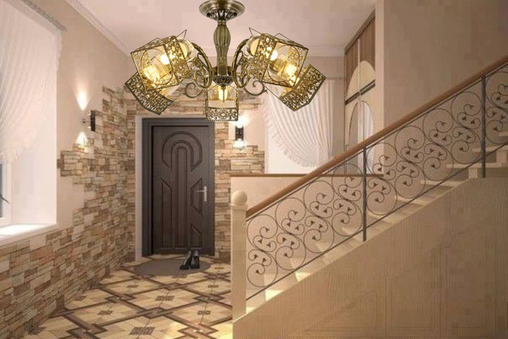 Candelabru  vintage cu 5 brațe, Ø640×H300 mm, suport E27 max 60W, finisaj bronz antic, fără telecomandă