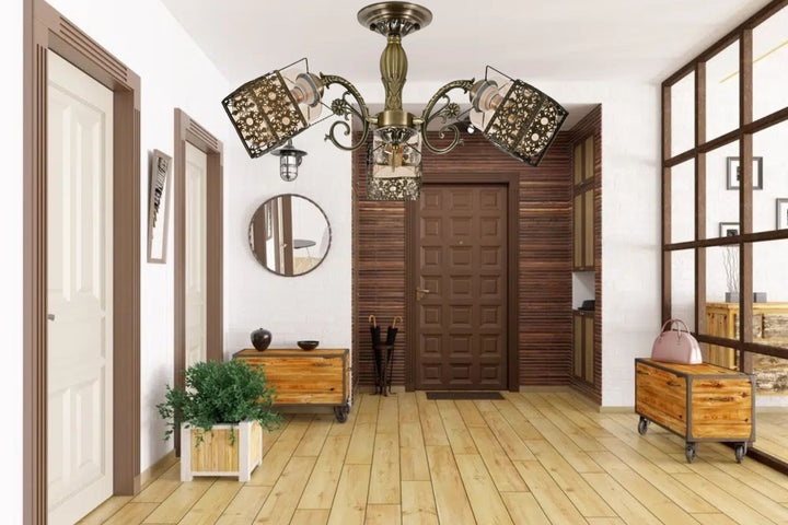 Candelabru clasic vintage 3 becuri, Ø640×H300 mm, suport E27, finisaj bronz antic, fără telecomandă