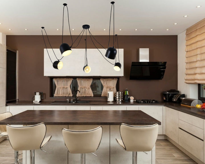 Pendul modern 5 abajururi E27, negru mat, model 9854-5