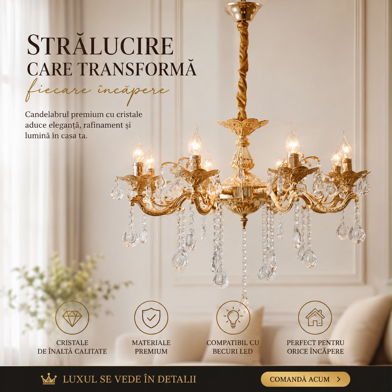 Candelabru clasic cu cristale, 8 brațe, Ø740×H980 mm, soclu E14, finisaj auriu lucios