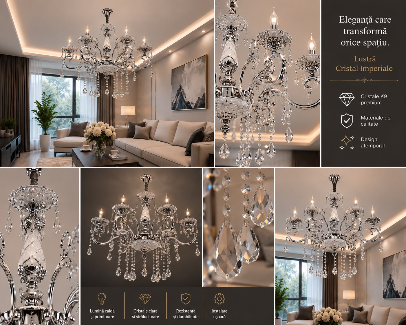 Candelabru Clasic Transparent, 8×E14, Ø71 cm, Stil Nobil și Cristale Decorative