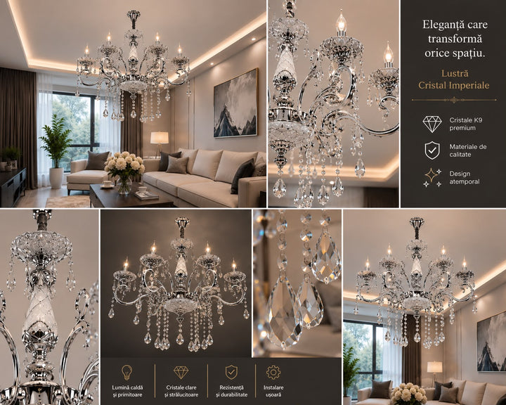 Candelabru Clasic Transparent, 8×E14, Ø71 cm, Stil Nobil și Cristale Decorative