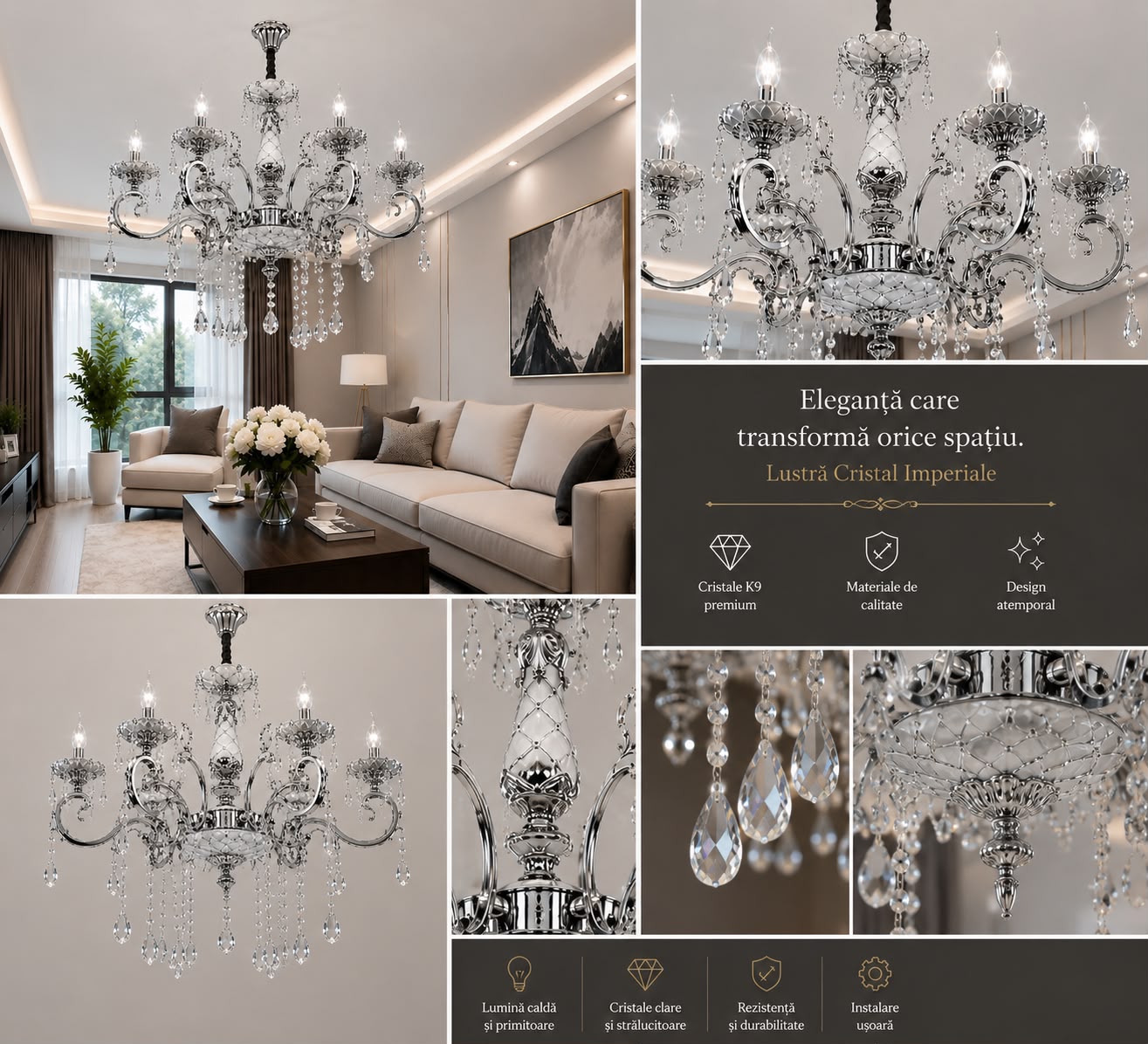 Candelabru Clasic, 6×E14, Ø62 cm, Cristale Decorative și Detalii Elegante