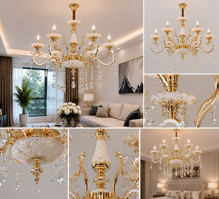 Candelabru clasic cu cristale, 6 brațe, Ø680×H940 mm, soclu E14, finisaj auriu lucios