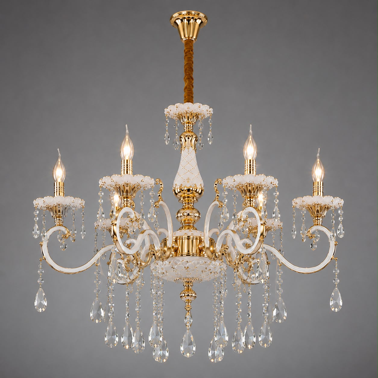 Candelabru clasic cu cristale, 6 brațe, Ø680×H940 mm, soclu E14, finisaj auriu lucios