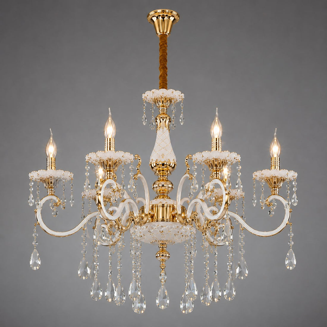 Candelabru clasic cu cristale, 6 brațe, Ø680×H940 mm, soclu E14, finisaj auriu lucios