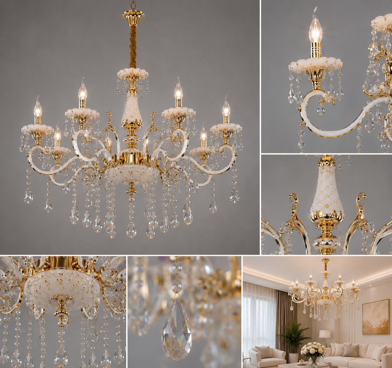 Candelabru clasic cu cristale, 8 brațe, Ø740×H980 mm, soclu E14, finisaj auriu lucios