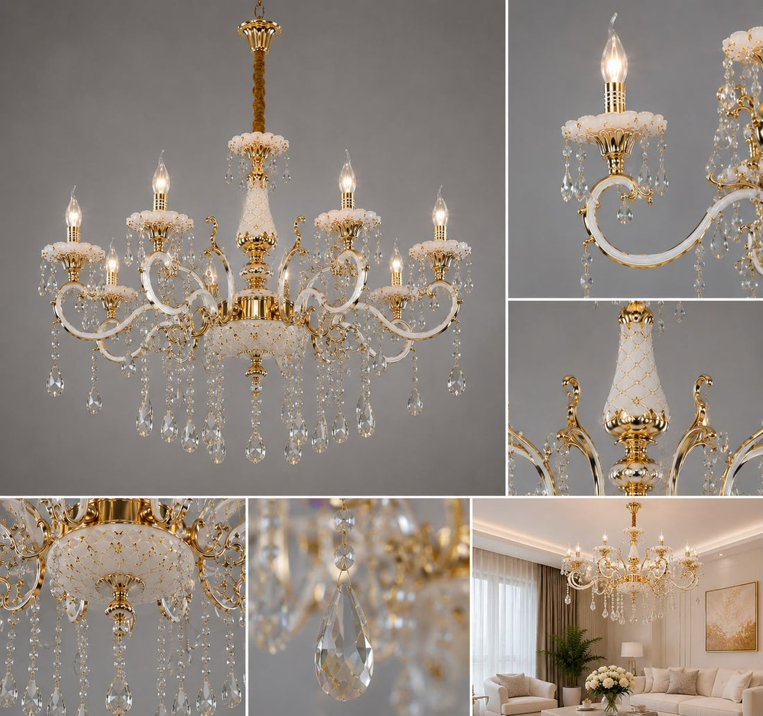 Candelabru clasic cu cristale, 8 brațe, Ø740×H980 mm, soclu E14, finisaj auriu lucios