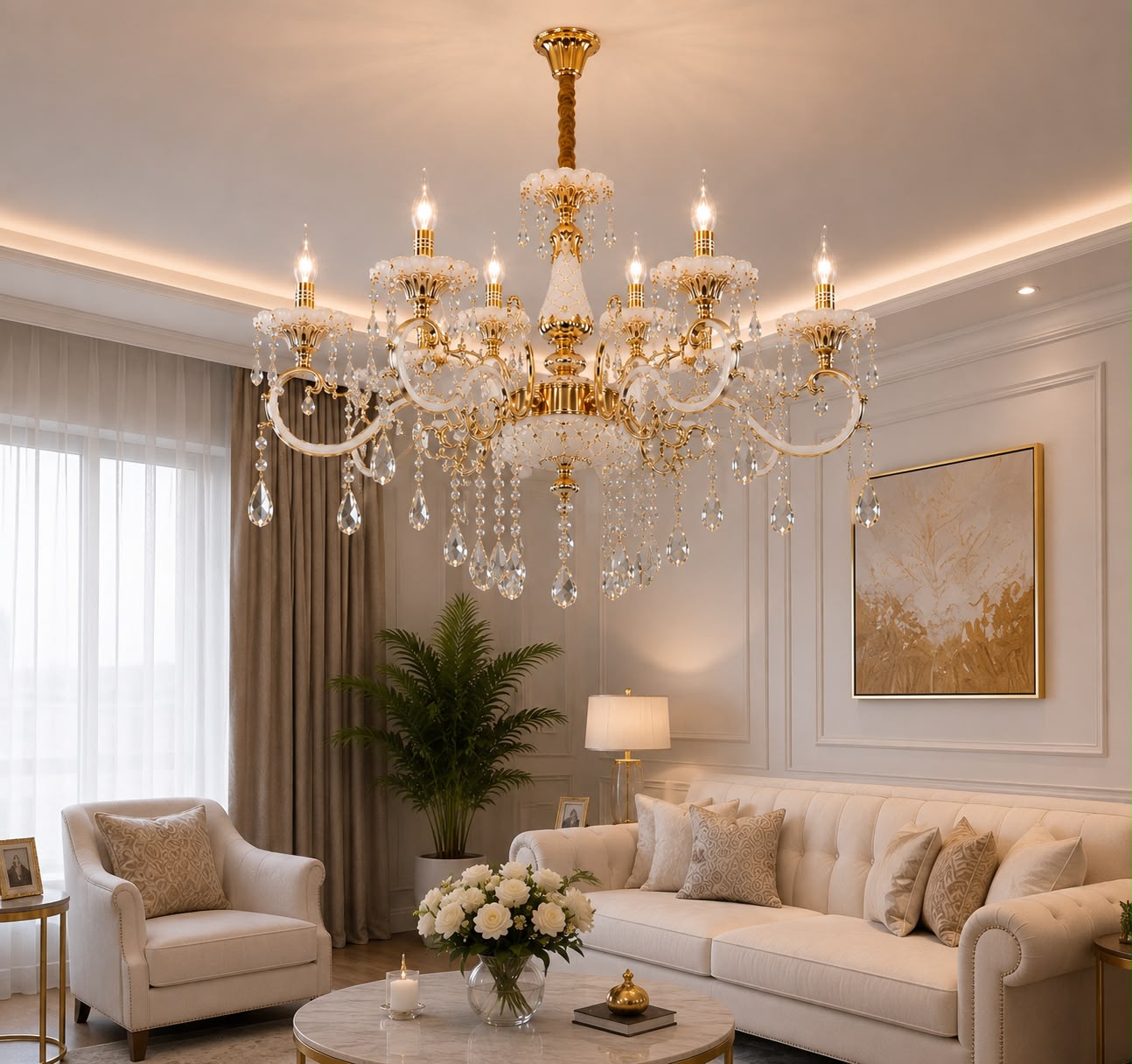 Candelabru clasic cu cristale, 8 brațe, Ø740×H980 mm, soclu E14, finisaj auriu lucios