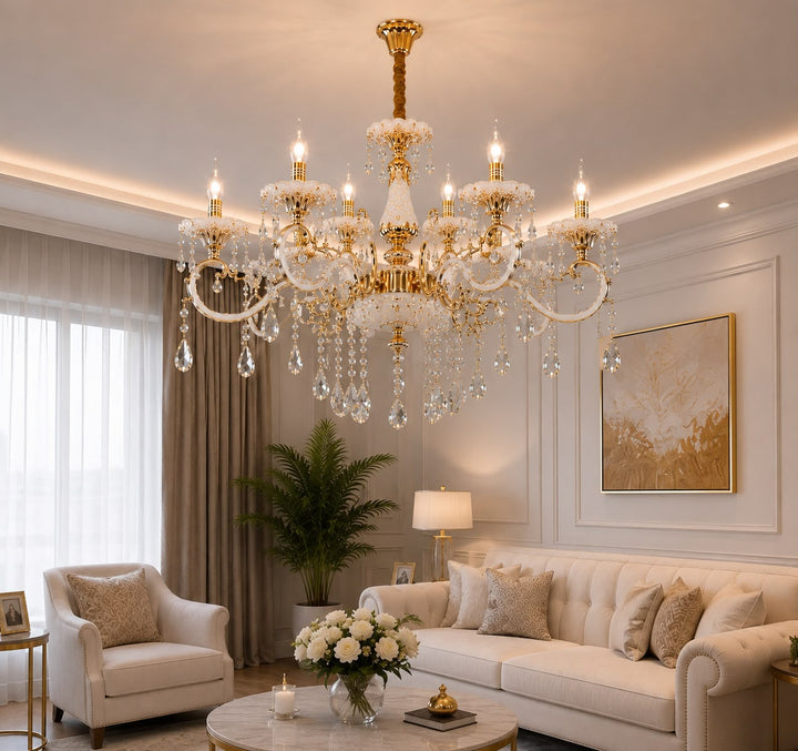 Candelabru clasic cu cristale, 8 brațe, Ø740×H980 mm, soclu E14, finisaj auriu lucios