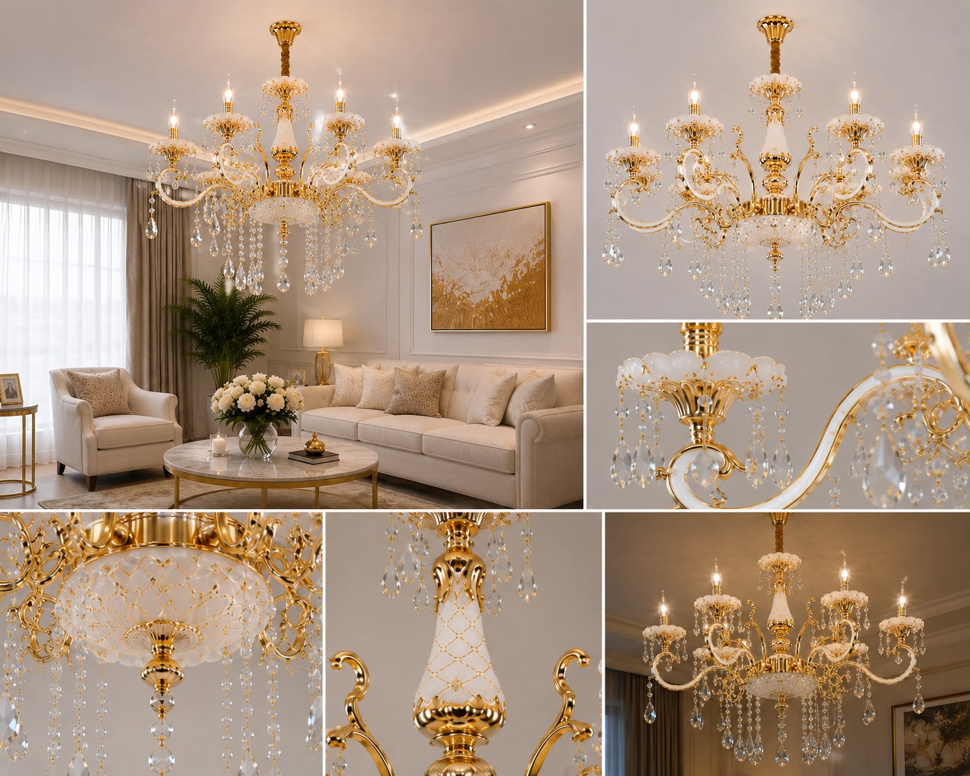 Candelabru clasic cu cristale, 8 brațe, Ø740×H980 mm, soclu E14, finisaj auriu lucios