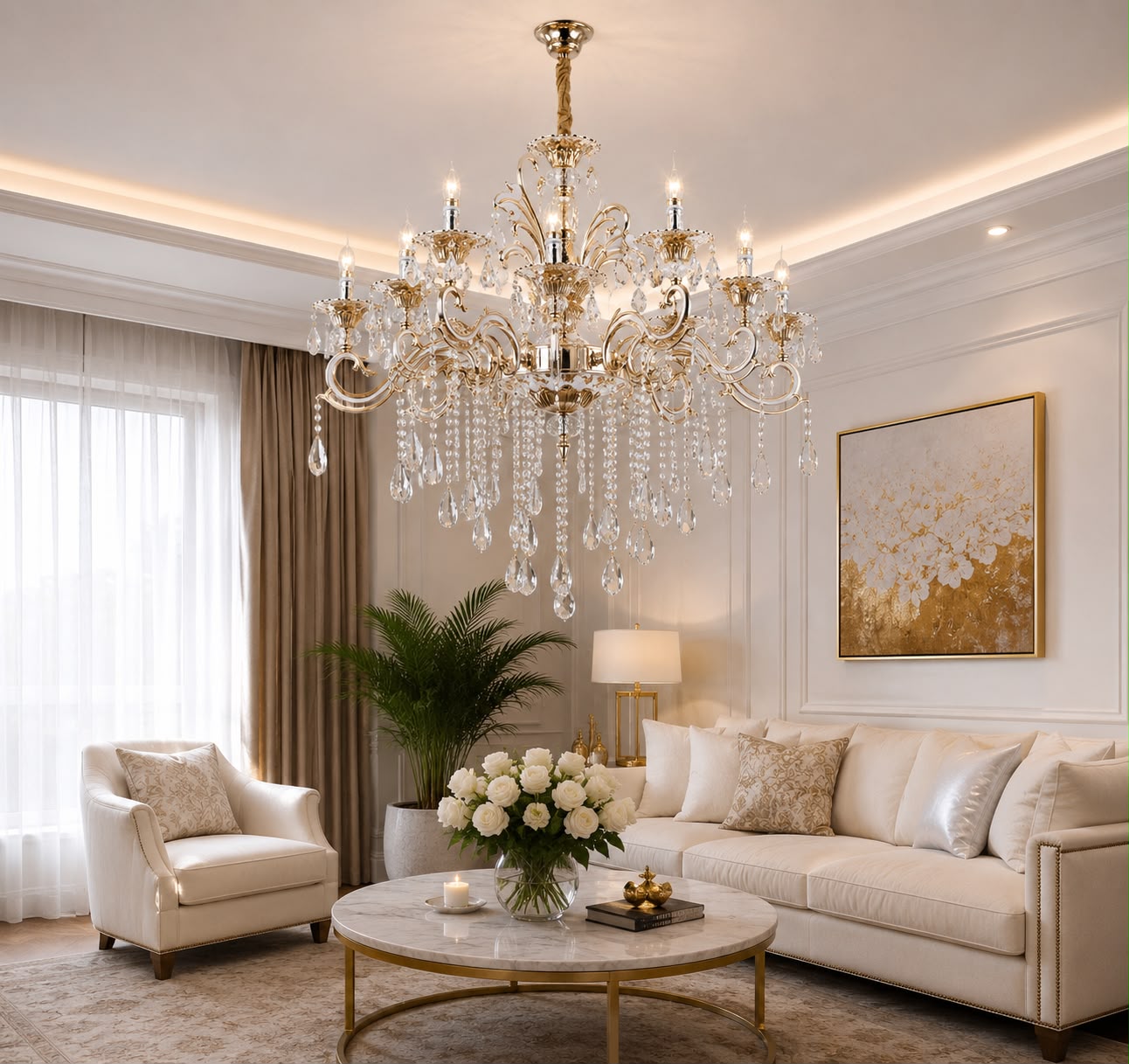 Candelabru clasic grandios cu 12 brațe, Ø750×H1000 mm, soclu E14, decor cu cristale, finisaj auriu lucios