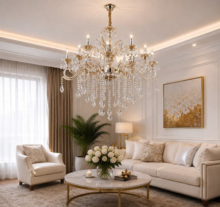 Candelabru clasic grandios cu 12 brațe, Ø750×H1000 mm, soclu E14, decor cu cristale, finisaj auriu lucios