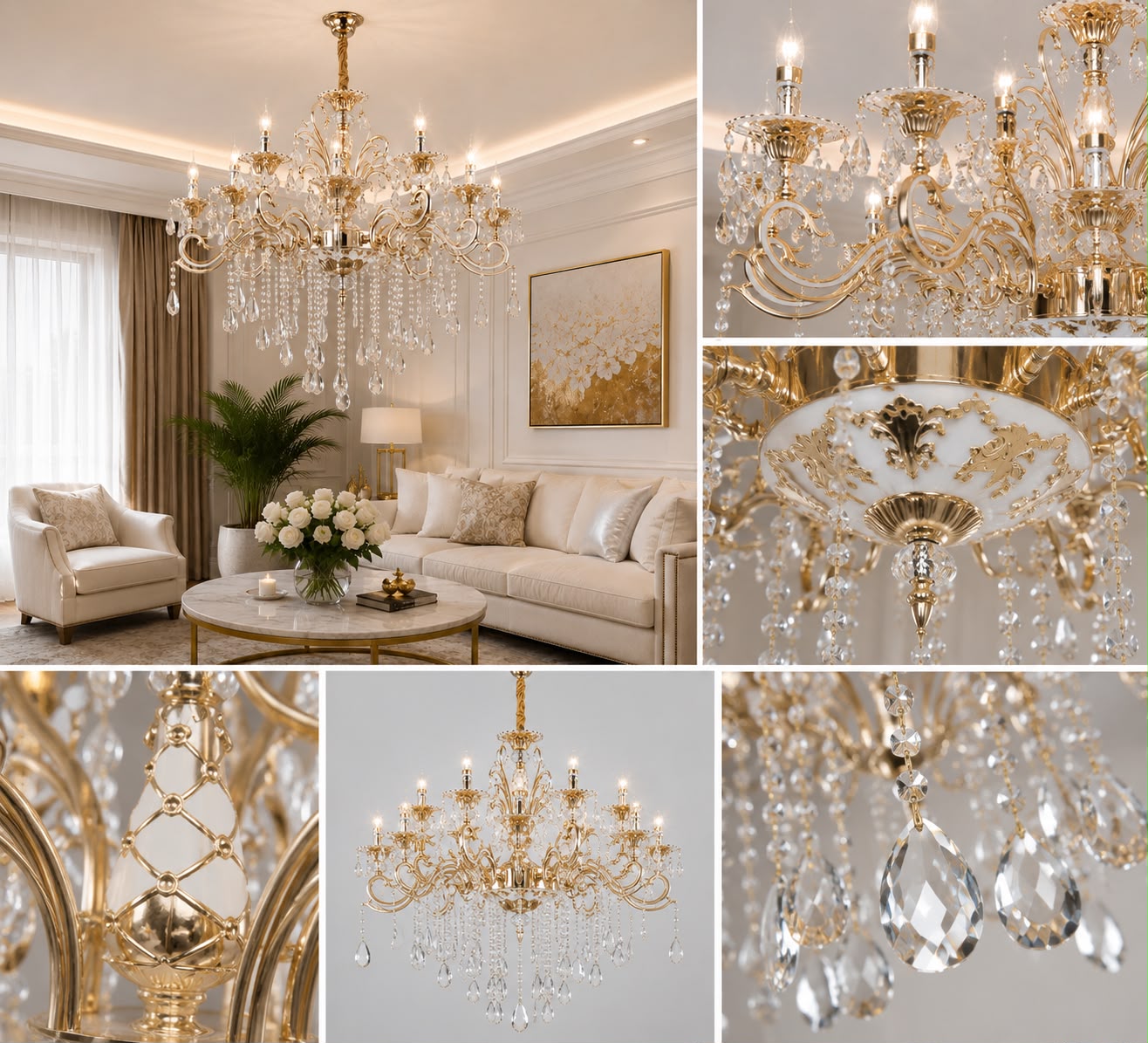 Candelabru clasic grandios cu 12 brațe, Ø750×H1000 mm, soclu E14, decor cu cristale, finisaj auriu lucios