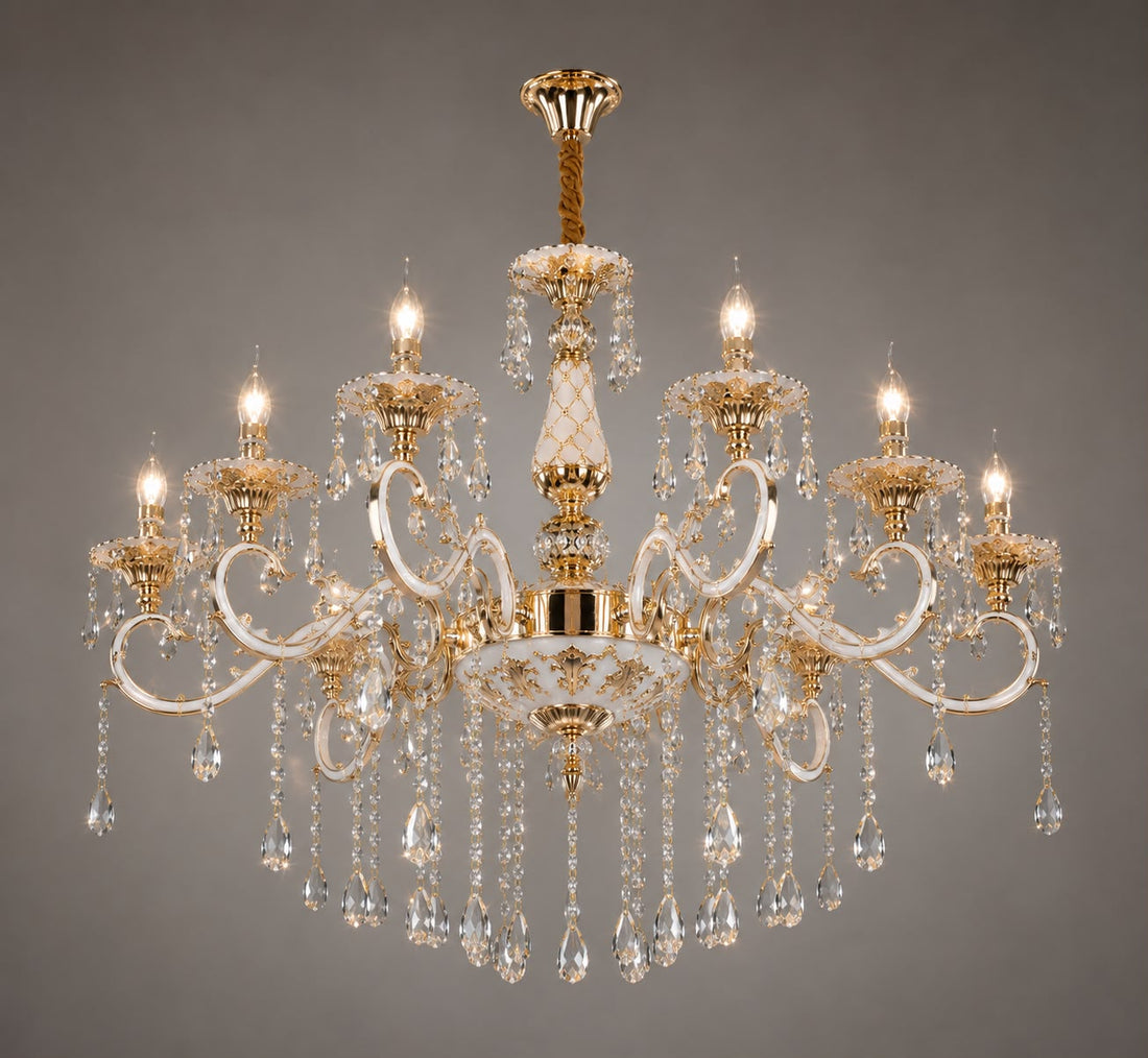 Candelabru clasic grandios cu 12 brațe, Ø750×H1000 mm, soclu E14, decor cu cristale, finisaj auriu lucios