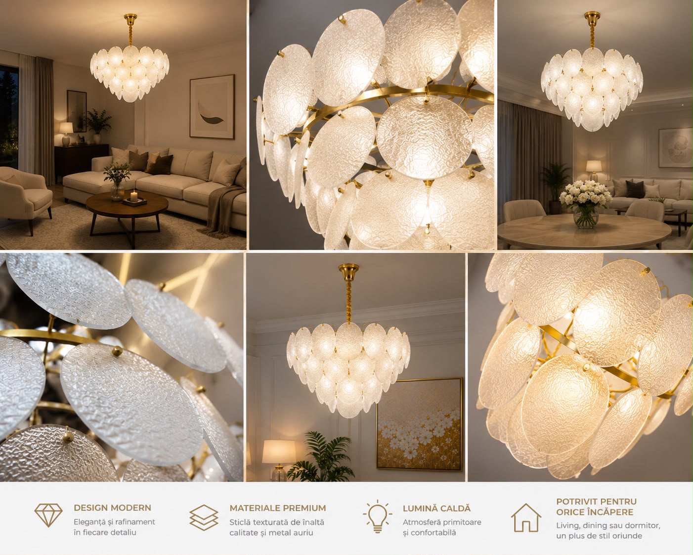 Candelabru cu abajururi din sticla mata, auriu, 5xE27, Ø40xH25 cm, model 5867/400 TB