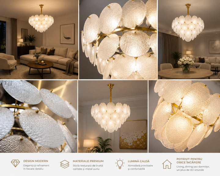 Candelabru cu abajururi din sticla mata, auriu, 5xE27, Ø40xH25 cm, model 5867/400 TB