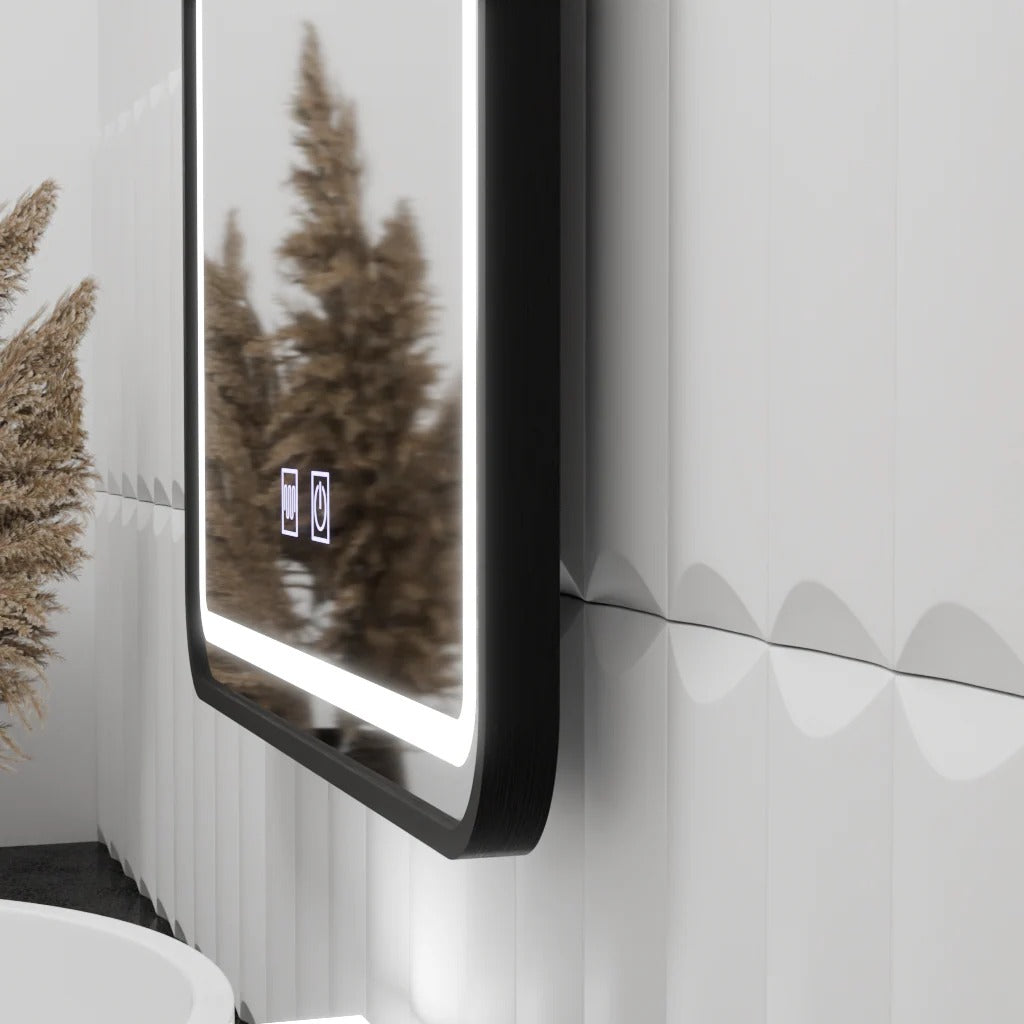 Oglinda LED Rectangulară 60x90 cm – Iluminare Laterală, Touch, Dezaburire, Ramă Neagră