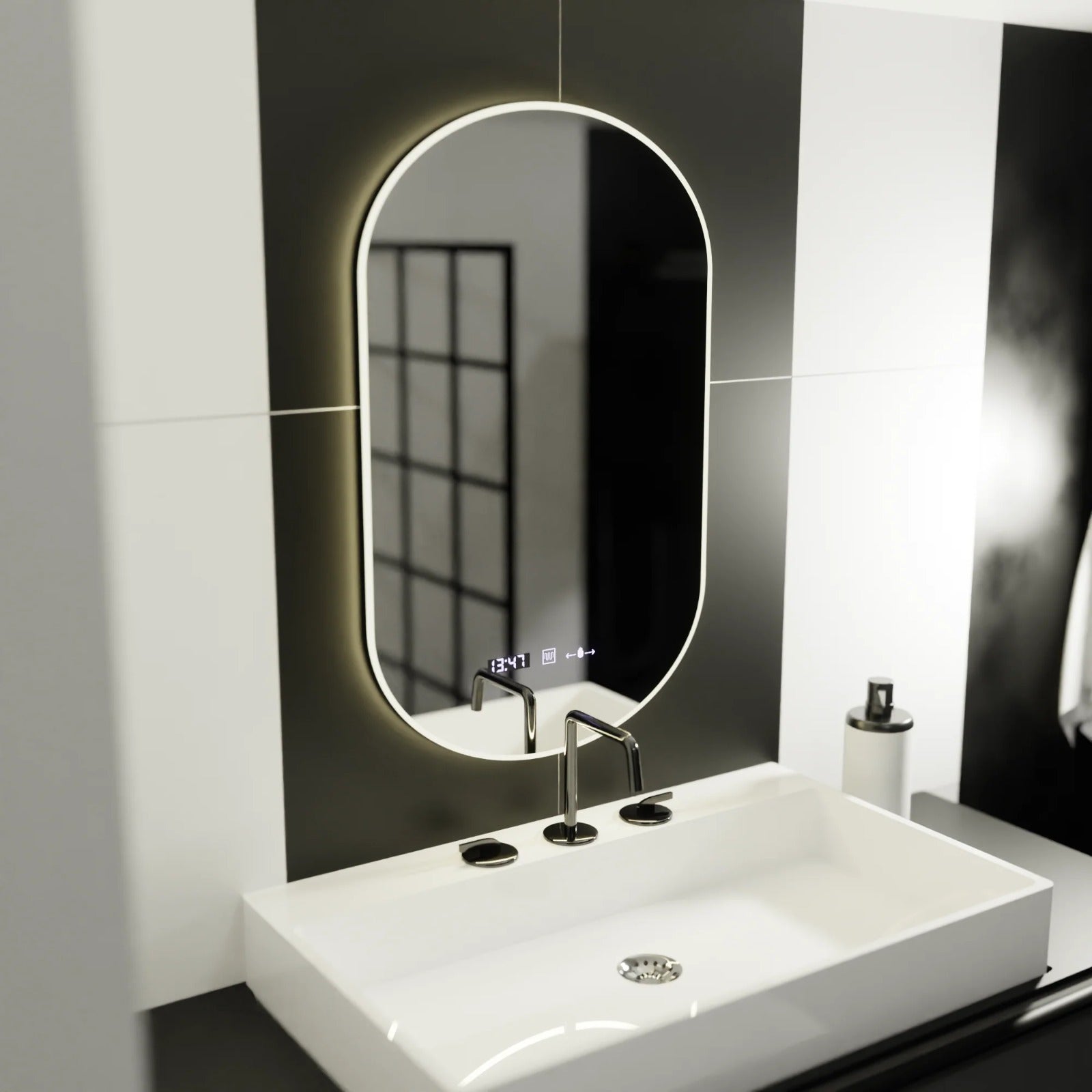 Oglinda LED 50×80 cm cu senzor, dezaburire, ceas și termometru